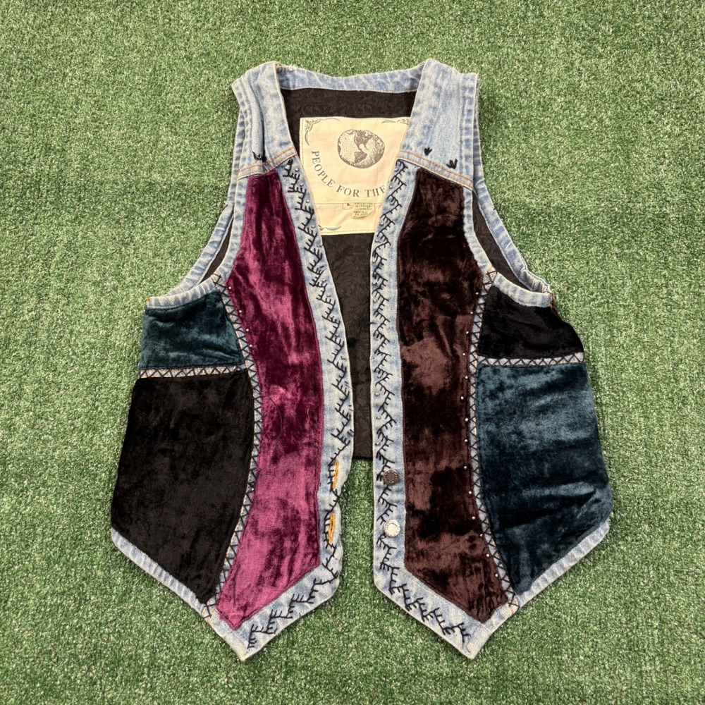 Vintage 90s People For The Planet Patchwork Denim Velvet Vest